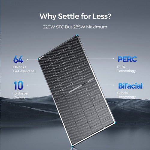Hands holding a technical manual next to a monocrystalline solar panel for reference.