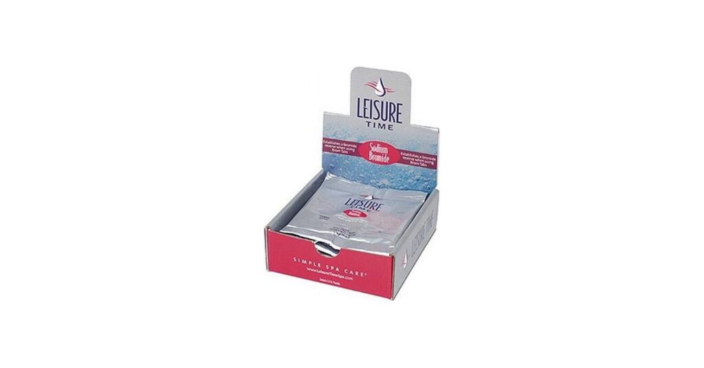 The Advantis Technologies leisure time complete bromine spa care kit sits beside a clean hot tub.