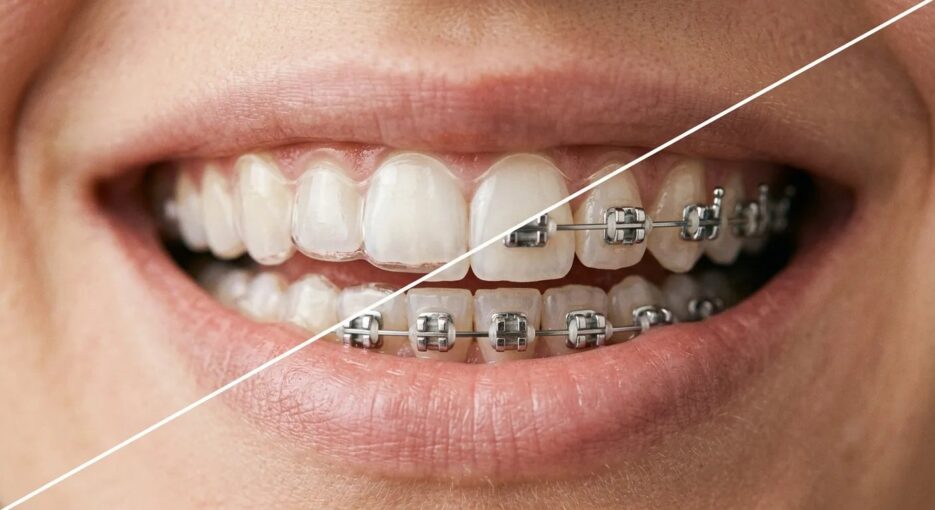 Clear aligners and metal braces displayed for an Invisalign vs traditional braces comparison.