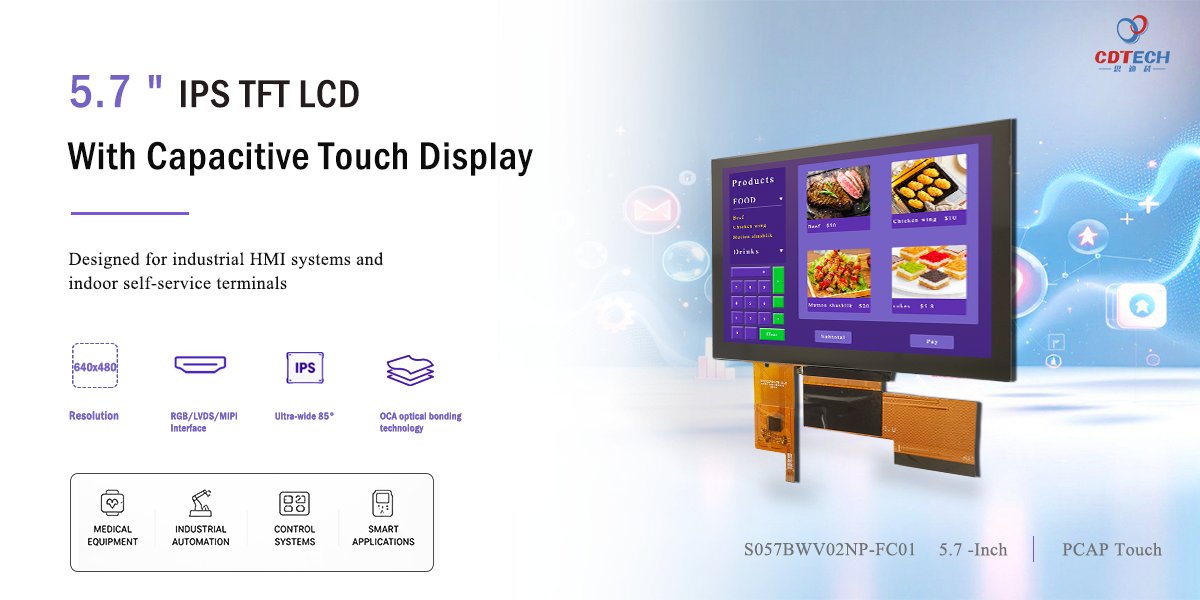 A modern workspace featuring an industrial TFT LCD display mounted on an ergonomic arm.