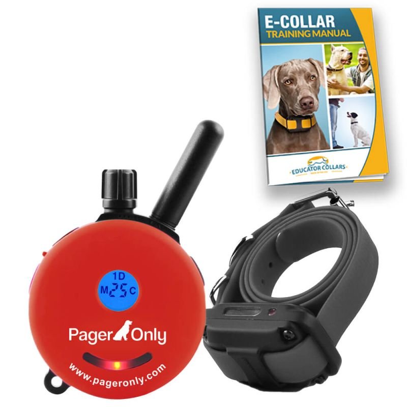 Educator e-collar transmitter and receiver displayed on a desk for setup.