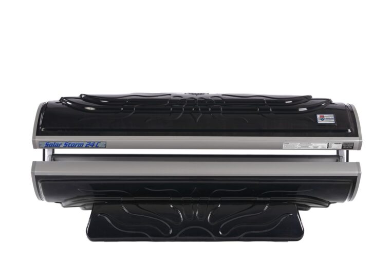 A modern tanning bed displayed in a clean, bright, and professional wellness studio space.
